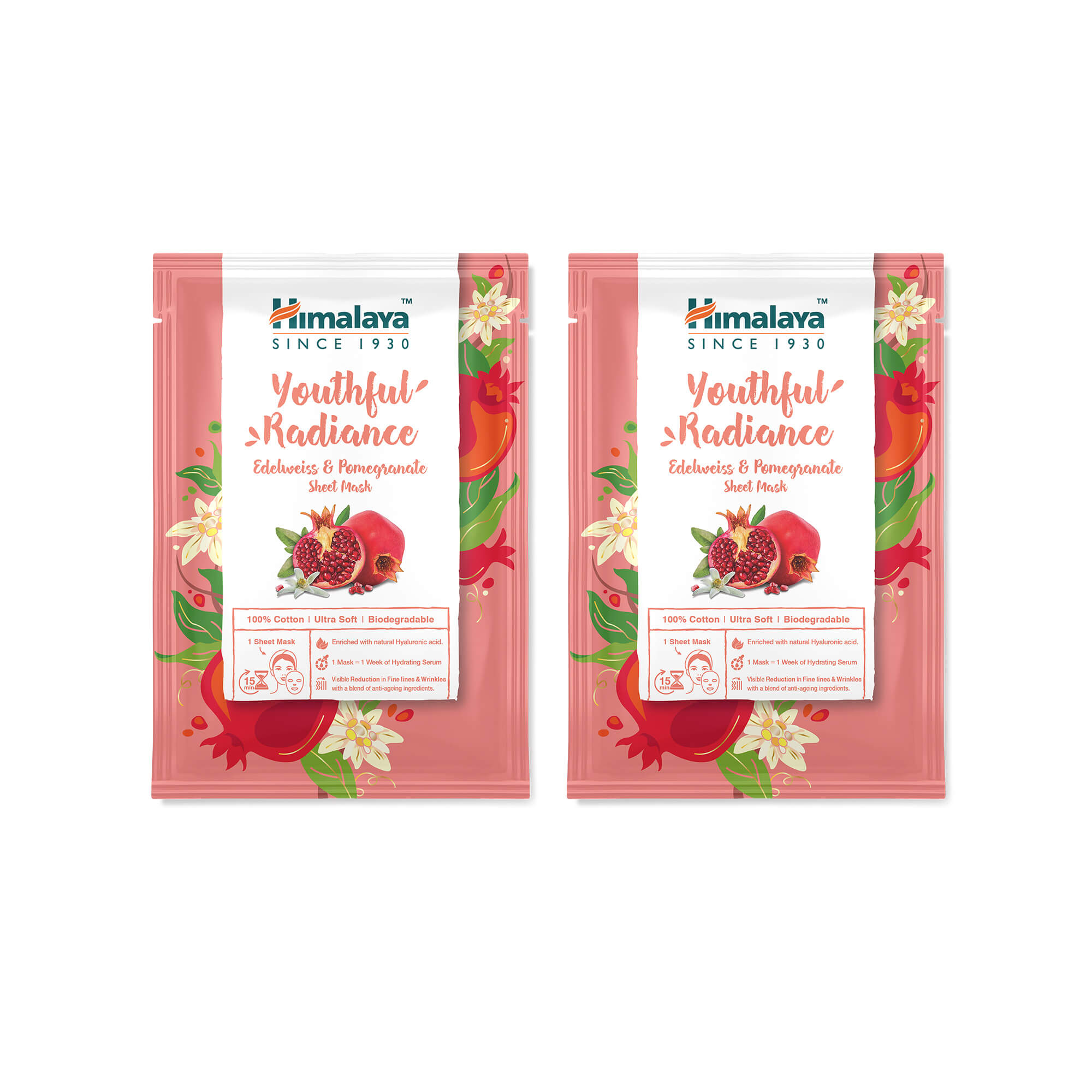 Himalaya Youthful Radiance Edelweiss & Pomegranate Sheet Mask - 30ml (Pack of 2)