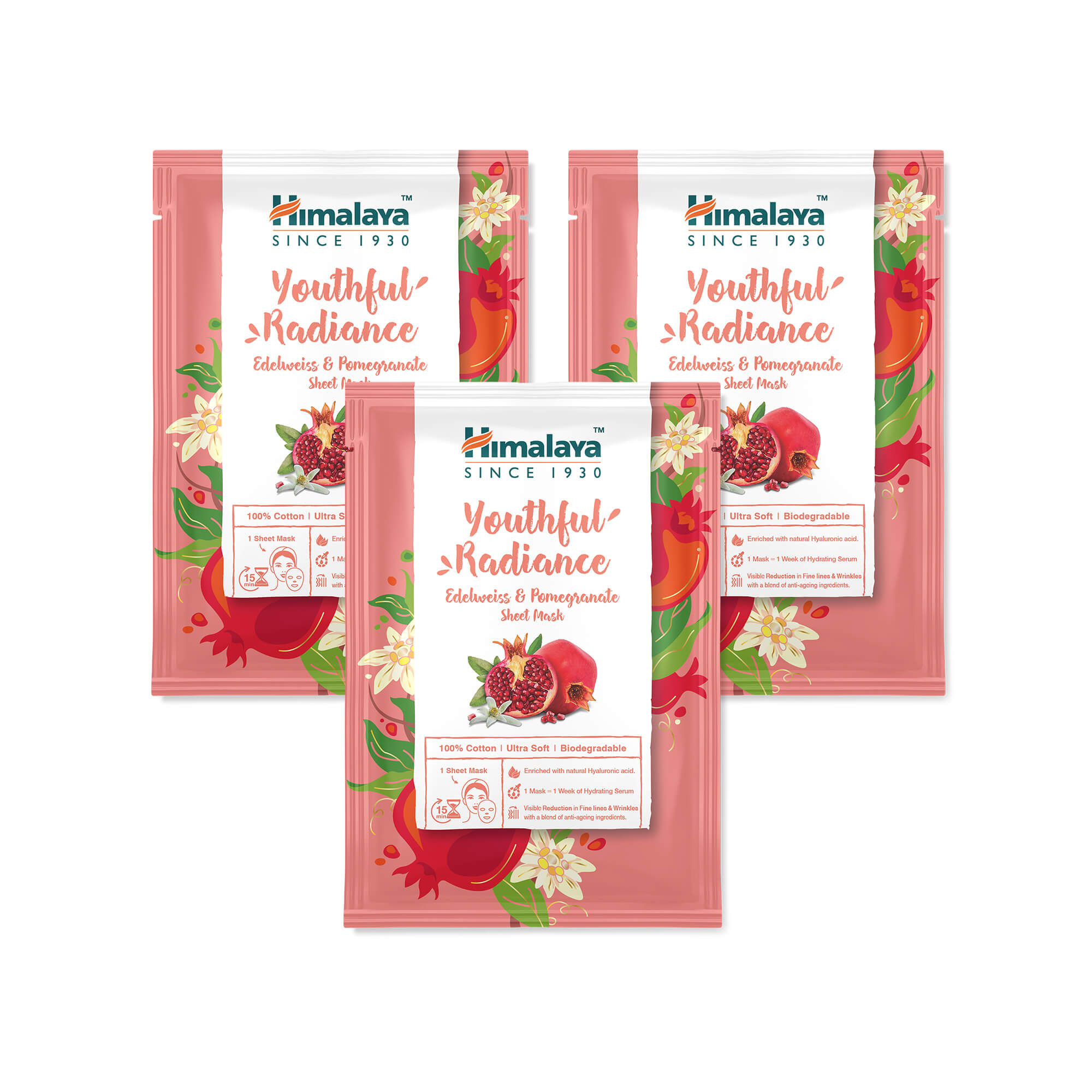 Himalaya Youthful Radiance Edelweiss & Pomegranate Sheet Mask - 30ml (Pack of 3)
