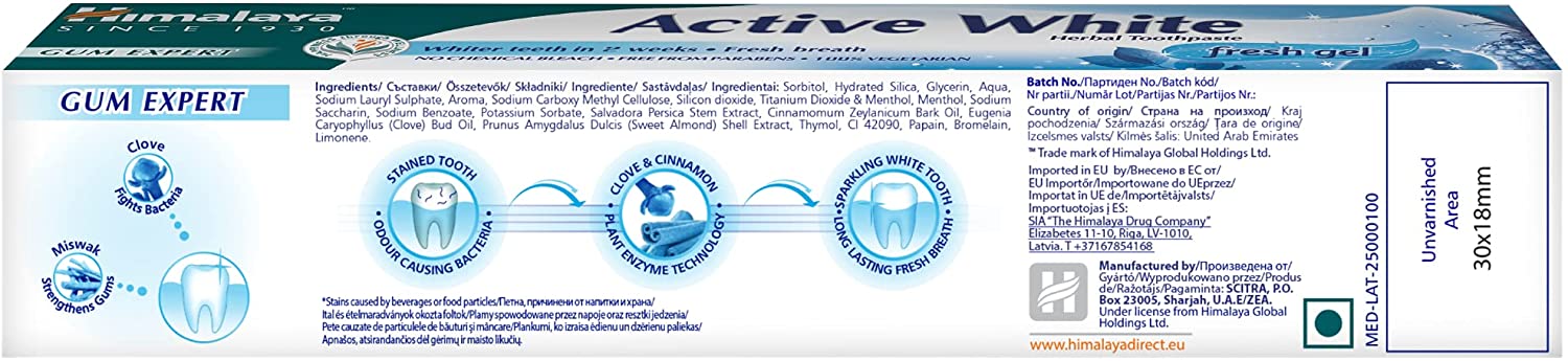Gum Expert Herbal Toothpaste - Himalaya Active White Fresh Gel Ingredients